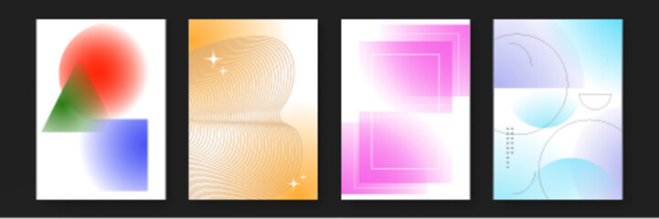 Four abstract designs with geometric shapes and gradients suitable for branding, backgrounds, cards, and digital art projects. Perfect for modern designs.