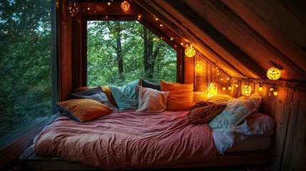 Comfortable bed with cushions in a cozy bedroom