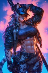 Obraz premium A muscular woman with white hair, animal ears, and a katana stands against a vibrant pink-purple sky, ready for action with a dynamic, digital artwork.