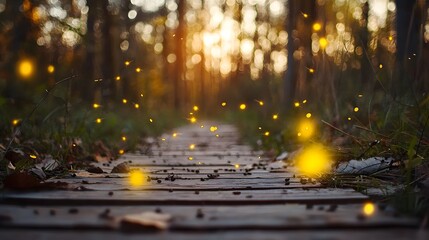 Obraz premium Enchanted Forest Pathway with Glowing Fireflies at Dusk