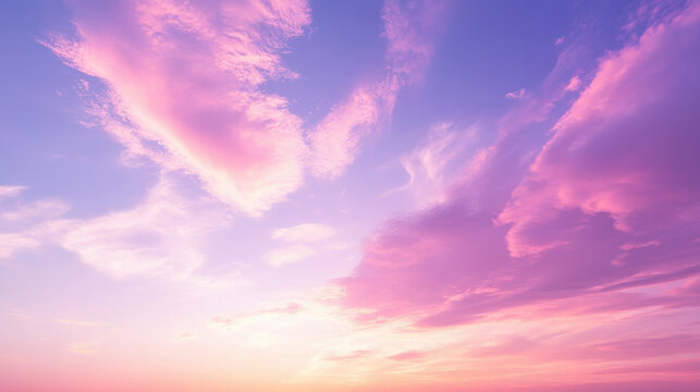soft, dreamy sky with a gradient of pink and purple hues, featuring wispy white clouds