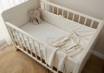 Empty cream crib with bedding