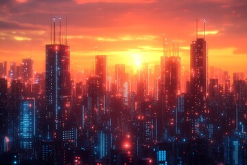 Fototapeta premium Futuristic city skyline illuminated by sunset glow displaying advanced technology and modern design