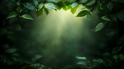 Lush Green Leaves Framing a Soft Glowing Light in a Serene Nature Setting