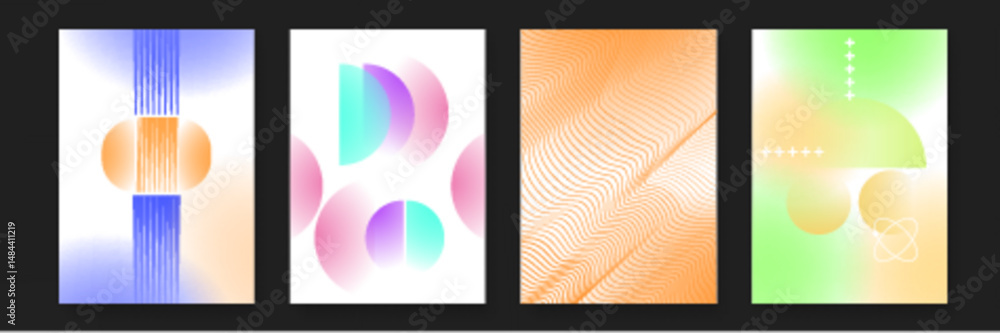 Poster contains four abstract designs with geometric shapes and gradients. ideal for modern branding, web d