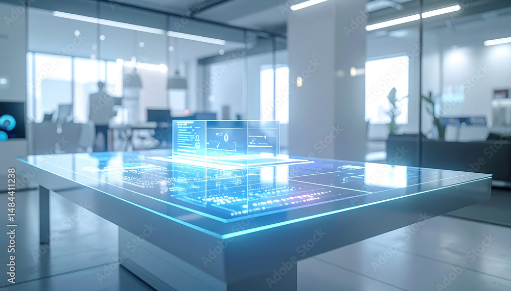 Poster high tech holographic table projecting layered workflow phases while upper thir