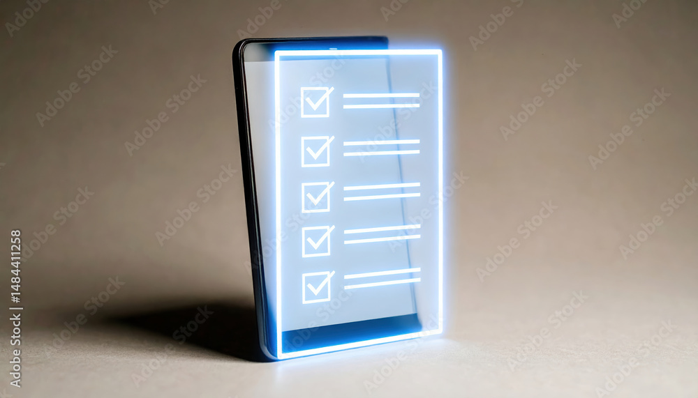 Poster futuristic holographic checklist displayed transparent screen with glowing edges, floating space