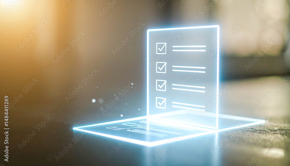 Poster holographic checklist projecting from digital device with checkmarks and lines, glowing with