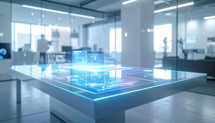 High tech holographic table projecting layered workflow phases while upper thir