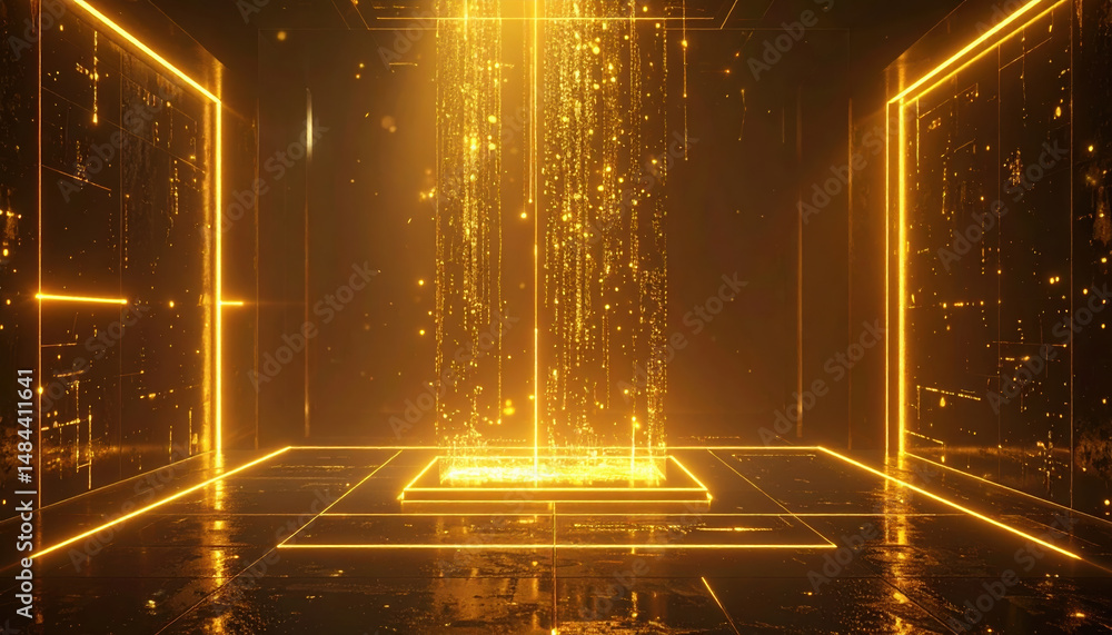 Poster futuristic digital environment with glowing golden lines and particles creating high tech scene