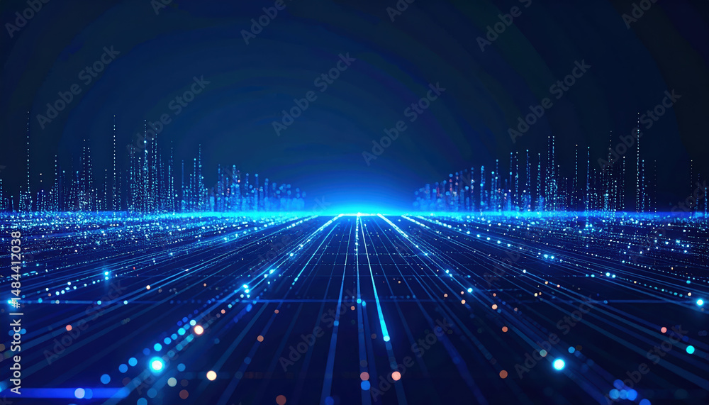 Poster digital data stream visualization with glowing lines and points representing technology