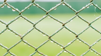 Fototapeta premium Close-Up of Wet Chain Link Fence with Water Droplets and Green Background
