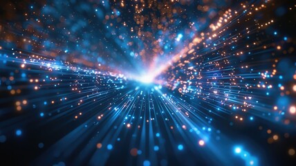 Fototapeta premium Sparkling laser beam effect dash with high-speed shine and emit colorful light on dark background convey sense of energy move in straight line dynamic on cosmic perfect for science fictional. AIG53.