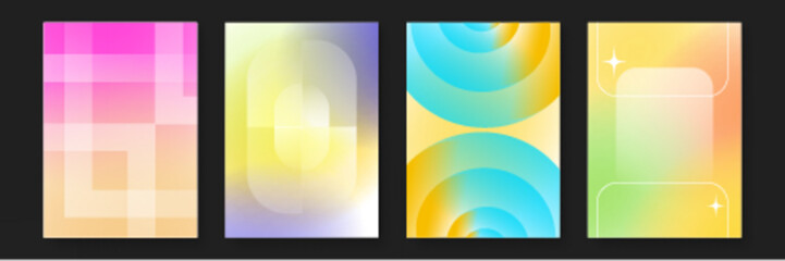 Fototapeta premium Four gradient backgrounds with geometric shapes perfect for modern design projects needing vibrant, abstract visuals. Suitable for presentations, websites, and digital artwork.