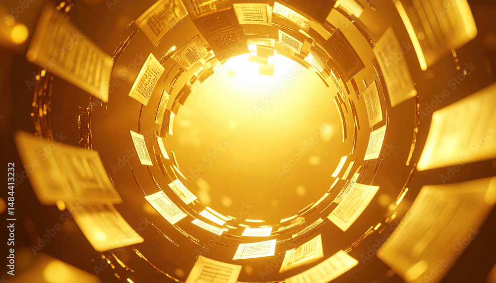 Poster digital tunnel with floating documents or cards orbiting around glowing core, creating