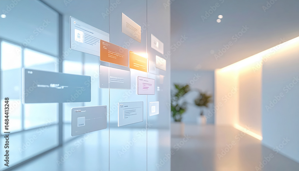 Poster modern office space with floating transparent ui cards animated loop, showcasing dynamic