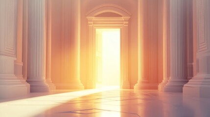 Sunlight floods ancient hallway