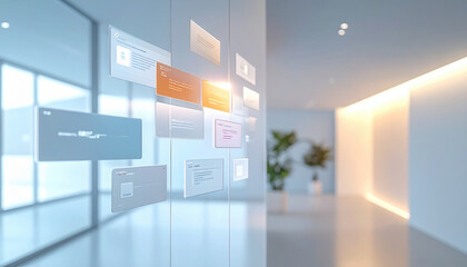 Modern office space with floating transparent UI cards animated loop, showcasing dynamic