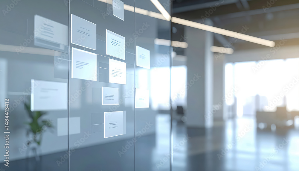Poster modern office space with glass wall displaying workflow chart made of floating transparent ui