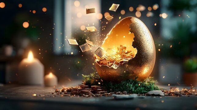 3D animated golden egg cracking open to reveal dividend floating out like magic representing the rewards and prosperity of successful financial investments and market growth