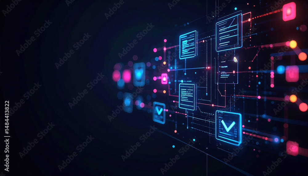 Poster digital flowchart with holographic checklist items connected by glowing data lines