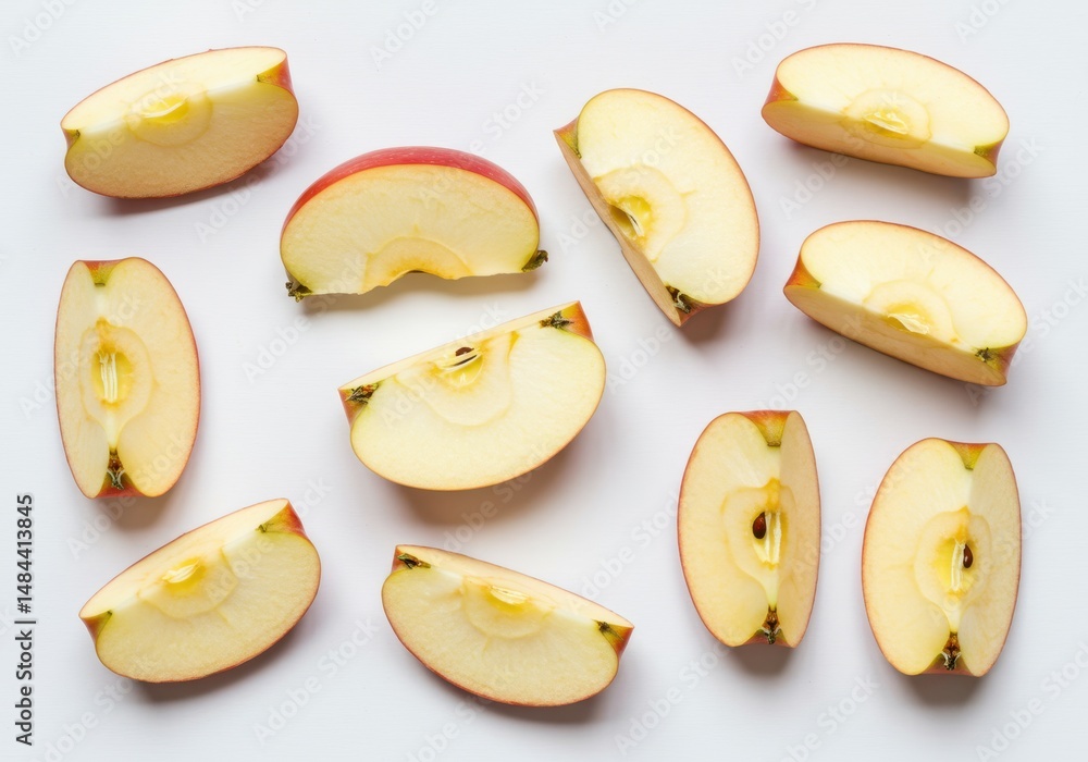 Poster slices of fresh red apple arranged on a white surface in a studio setting