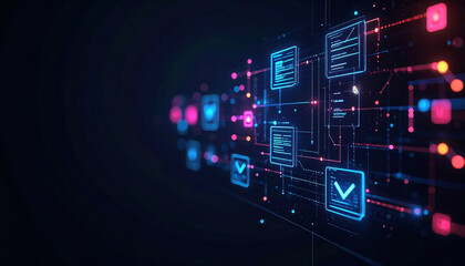 Digital flowchart with holographic checklist items connected by glowing data lines
