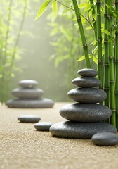 Obraz premium Serene Stacked Stones and Bamboo: A Peaceful Zen Garden