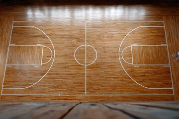 A basketball court with a basketball hoop on the floor