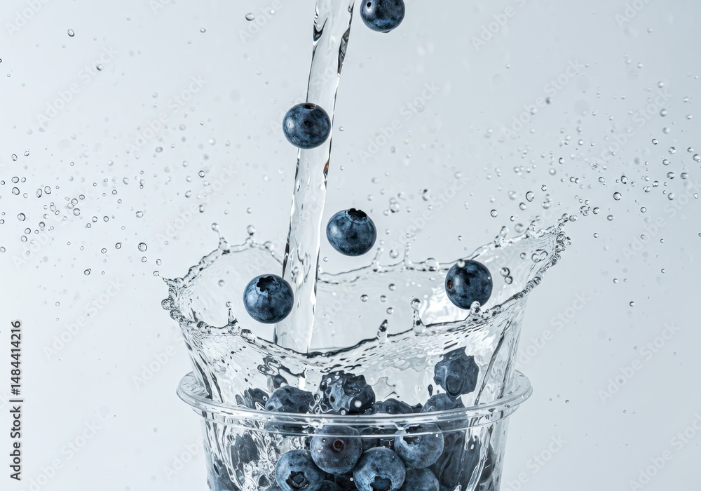 Aufkleber blueberries are falling into a glass of water creating a refreshing splash on a clean background