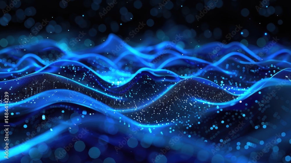 Poster wonderful picture of blue light wave, sparkling particles scattered across space background, create 