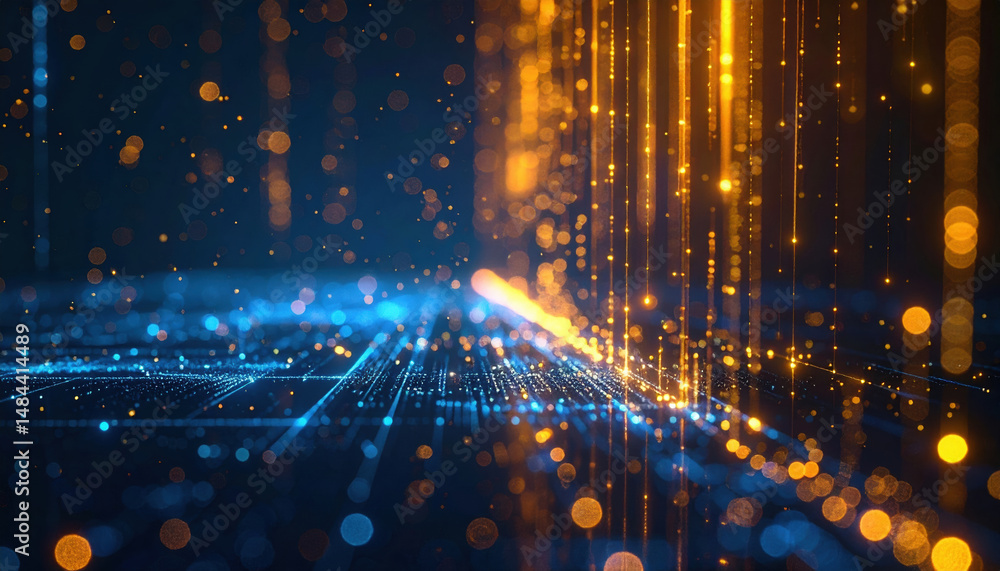 Poster Digital abstract background with glowing lines and particles representing data flow