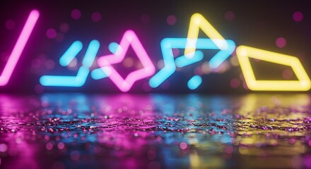 Colorful neon shapes glow abstract background for party and event with reflection effect on surface on transparent background