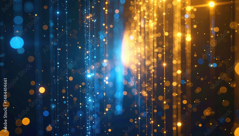 Poster vibrant display of blue and gold light streaks and bokeh effects creating dynamic abstract scene
