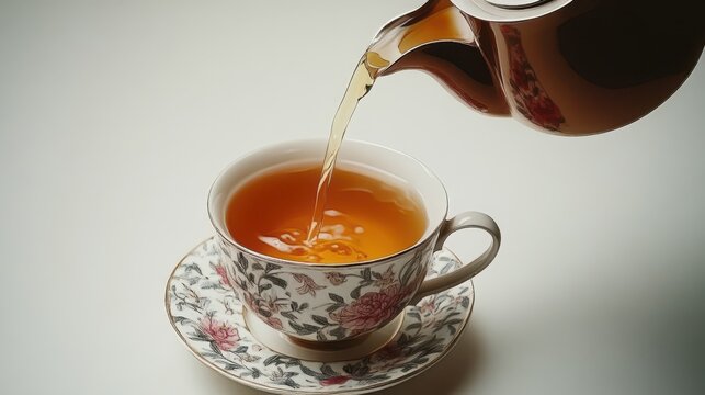 Elegant tea pouring into delicate vintage cup adding subtle spla