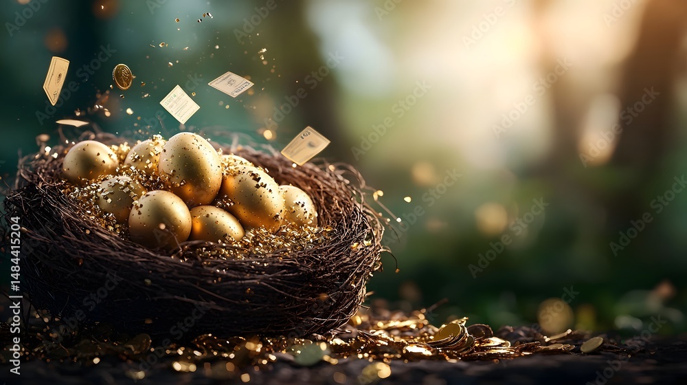 Poster charming animated nest with multiple golden dividend payout slips hatching illustrating the growth a