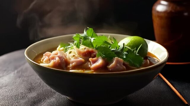 Warm Noodle Soup with Meat Pieces and Parsley Garnish Served in Ceramic Bowl