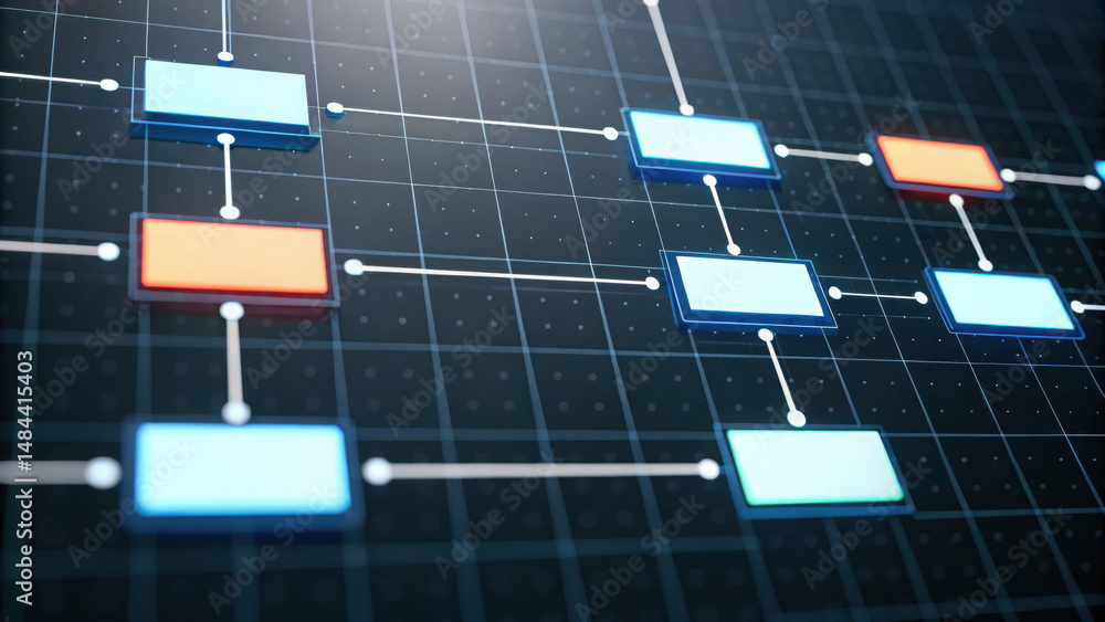 Poster image shows digital flowchart or process diagram with interconnected rectangular nodes dark grid