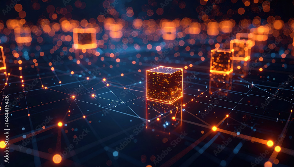 Poster animated floating rectangles representing enterprise operations lighting up in sync w