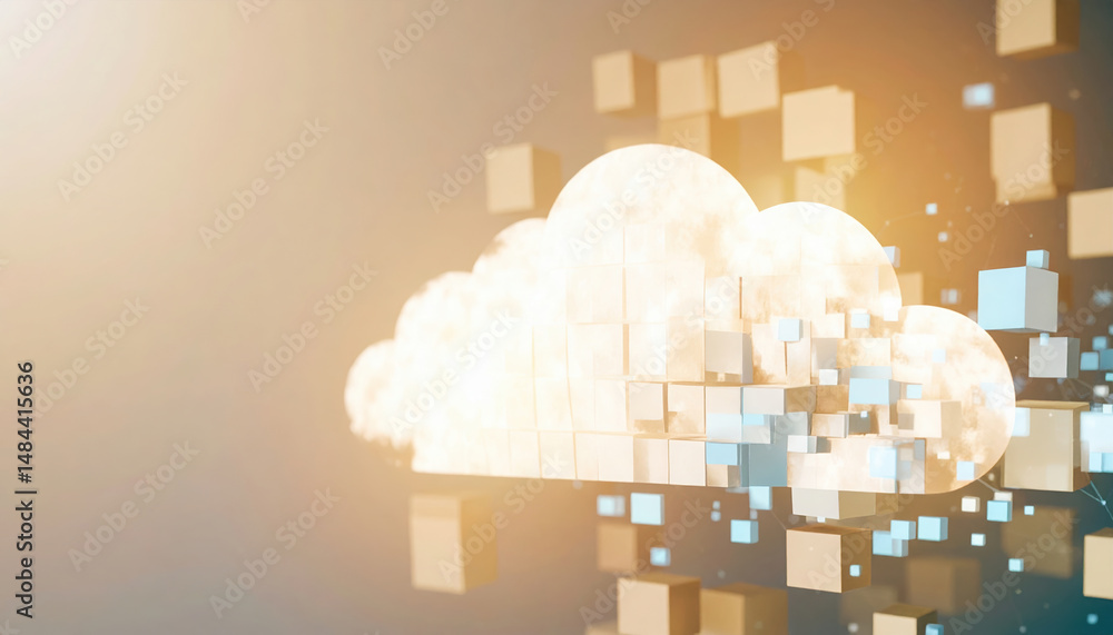 Poster floating data blocks transforming into soft holographic cloud hovering center, representing