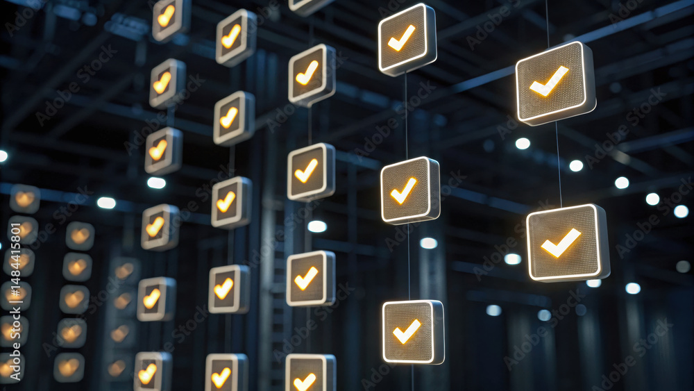 Poster digital checkmark icons floating modern technology environment, symbolizing task completion