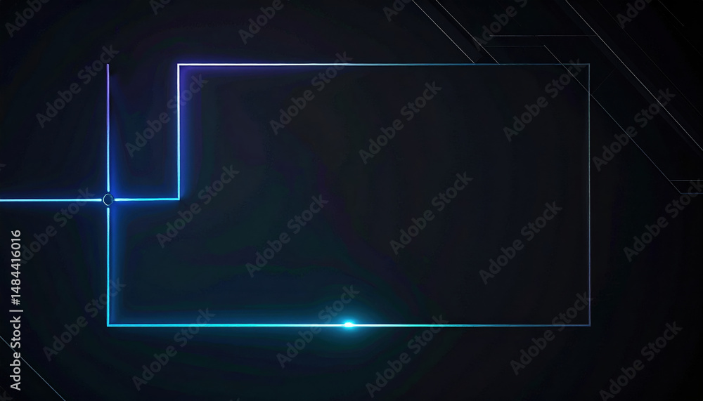Poster glowing geometric lines forming ai powered flowchart over deep black gradient background with
