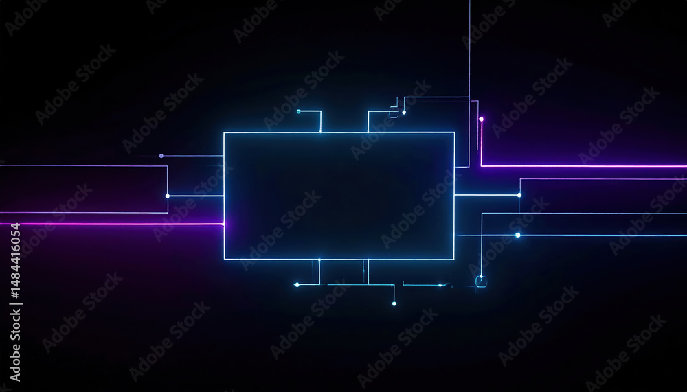 Poster glowing geometric lines forming ai powered flowchart over deep black gradient background