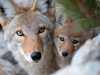 Fototapeta premium A close up of two coyotes looking at the camera