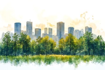 Obraz premium Watercolor painting of a city skyline behind lush green trees and natural environment