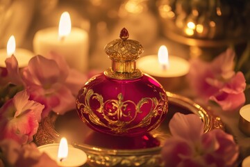 Ornate perfume bottle surrounded by candles and flowers.