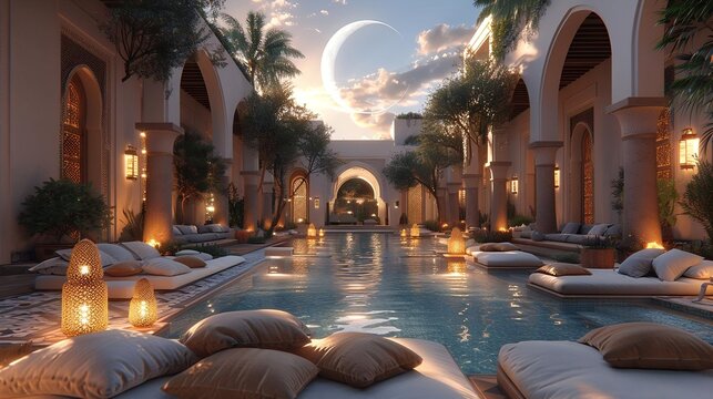 A serene outdoor space with plush seating, a large pool, and tall columns, bathed in warm ambient lighting and soft moonlit hues, exuding tranquility and elegance.