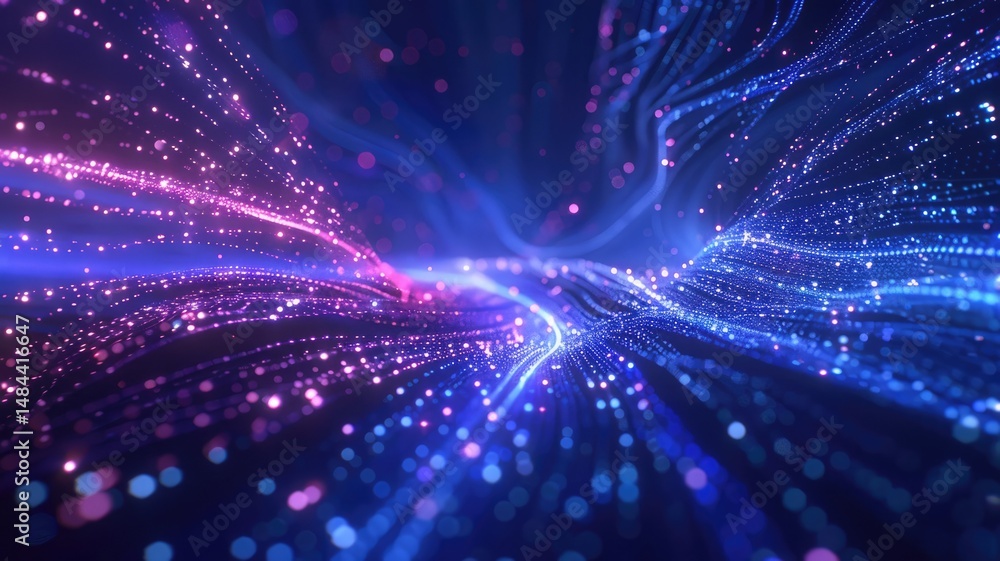 Poster abstract picture micro light sparkling particle represent data flow vivid flowing wave with high tec