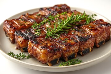 Delicious plate of bbq short ribs garnished with fresh rosemary and thyme herbs