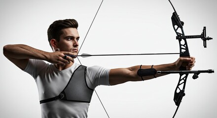 Archer aiming bow and arrow in target practice studio shot athlete